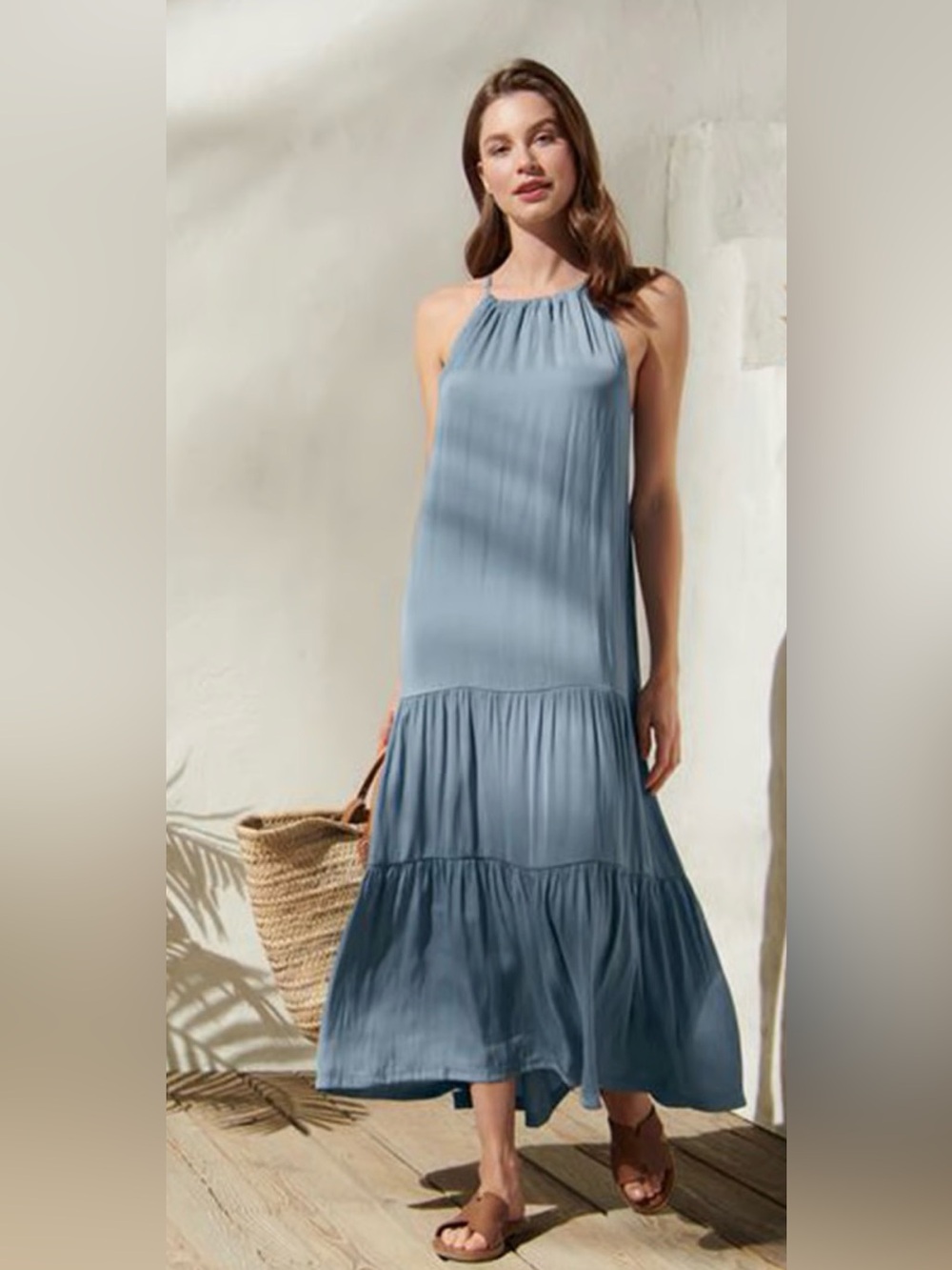 Essentials Halter Tiered Maxi Dress in Dusty Blue